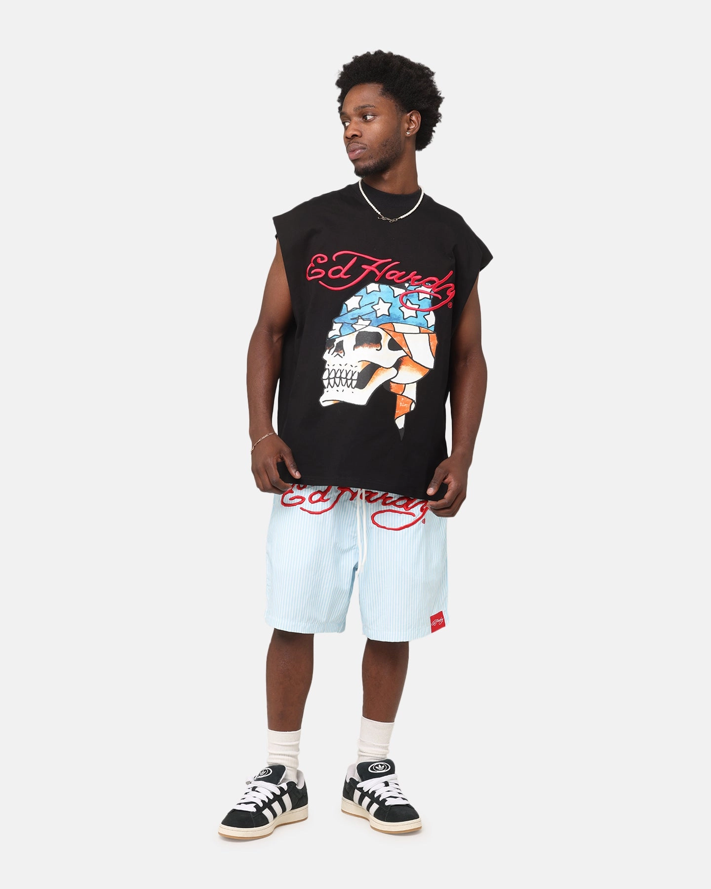 Practical Wear Sleek Cut Ed Hardy Beach Shorts Blue Stripe