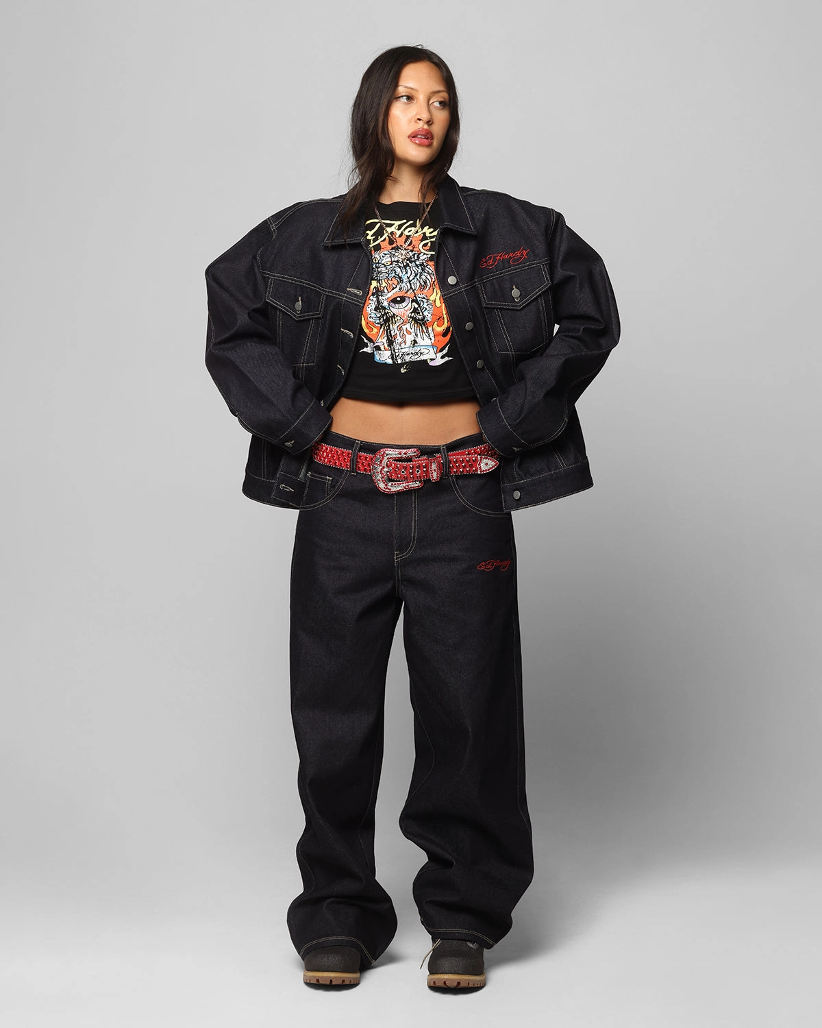 work - from - home rainy Ed Hardy Denim Jacket Raw Indigo