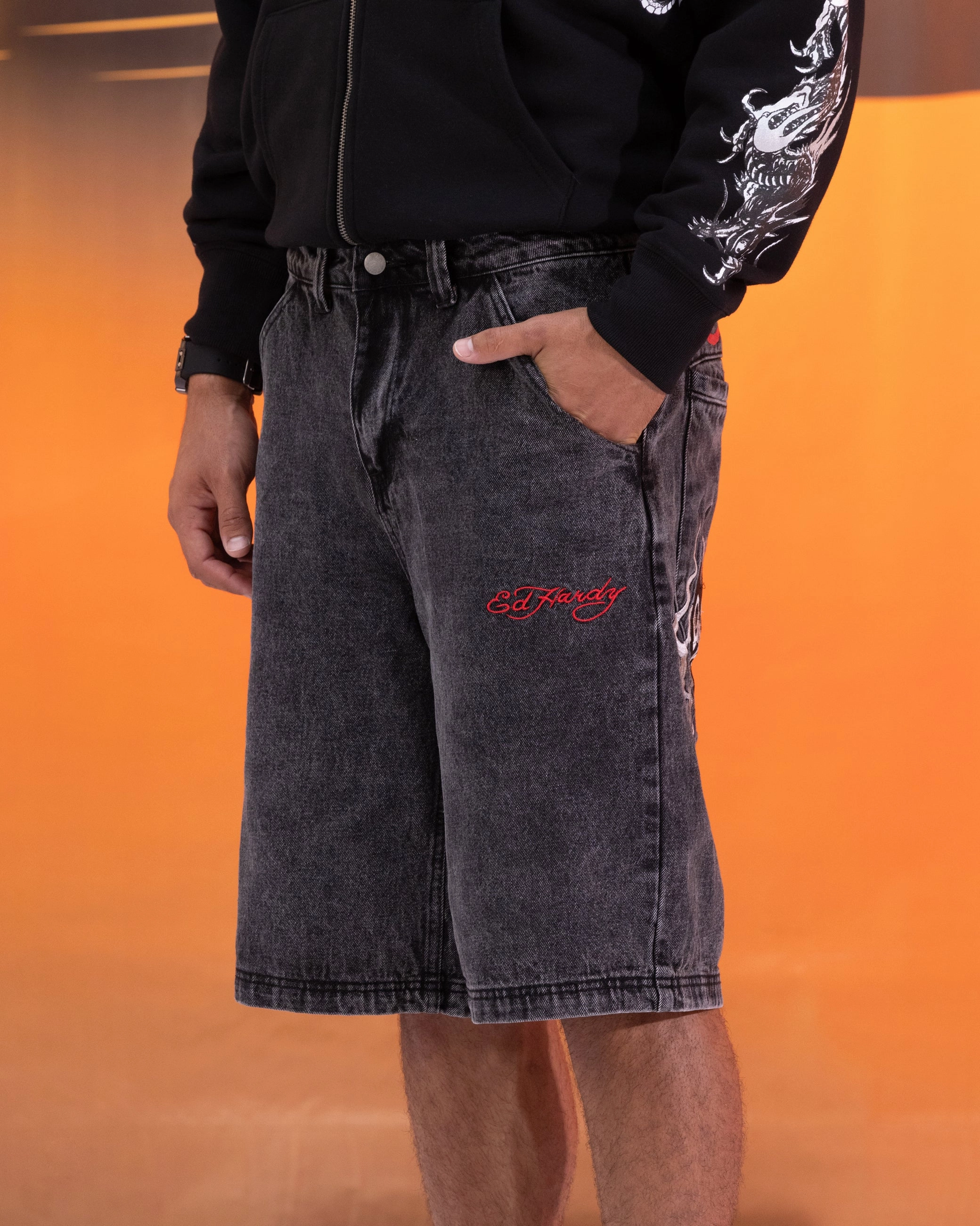 Ed Hardy Devil Jorts Black Ripped design