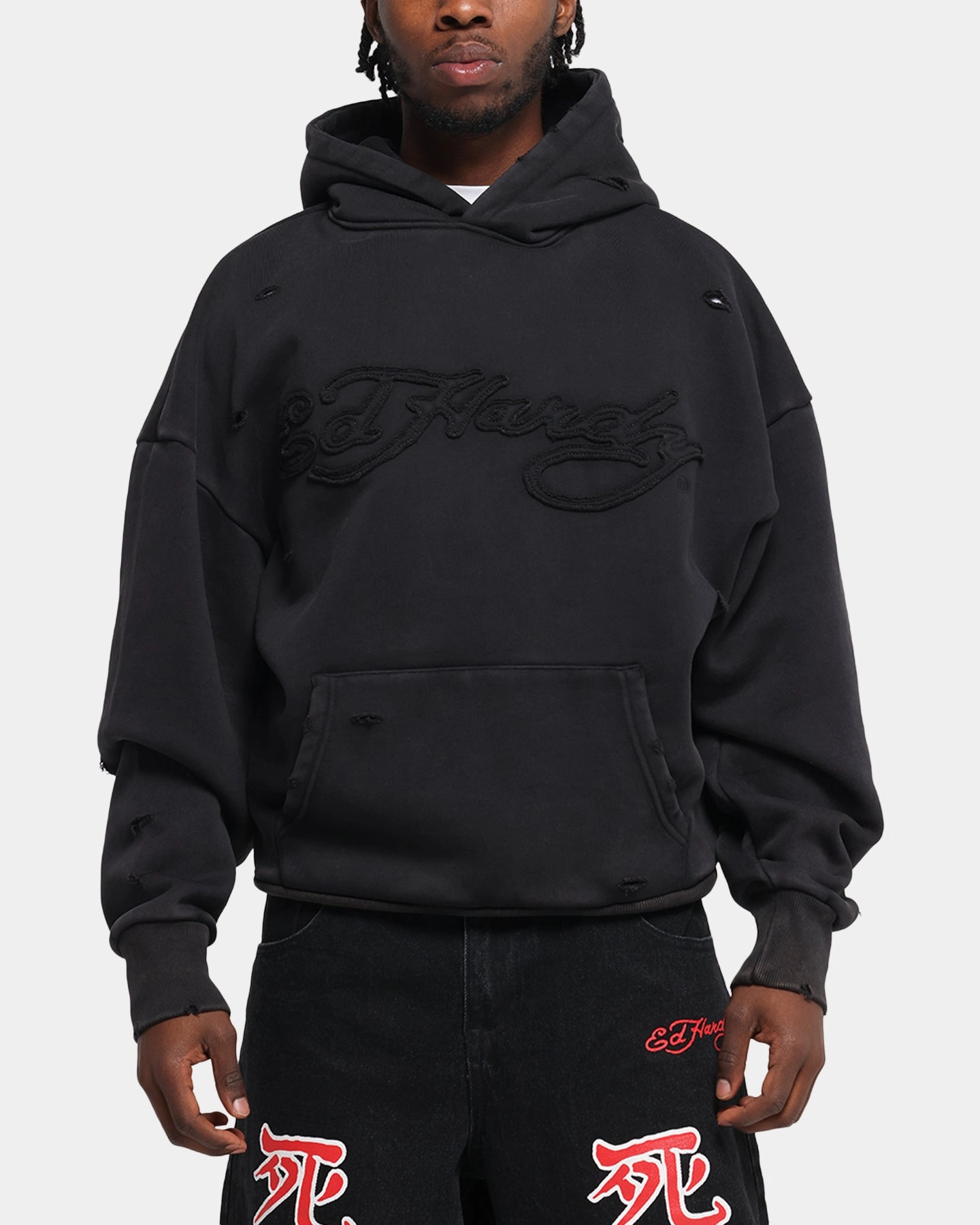 Ed Hardy Distressed Hoodie Washed Black Heavyweight Terry Construction