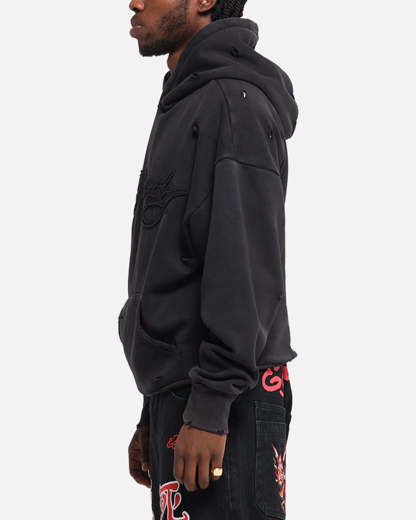 Ed Hardy Distressed Hoodie Washed Black Buffalo like