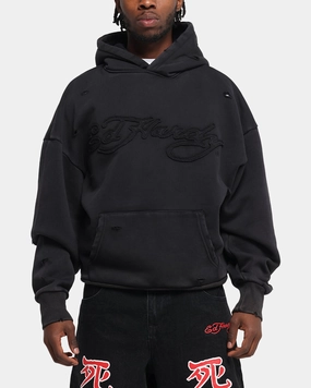 Ed Hardy Distressed Hoodie Washed Black Heavyweight Terry Construction