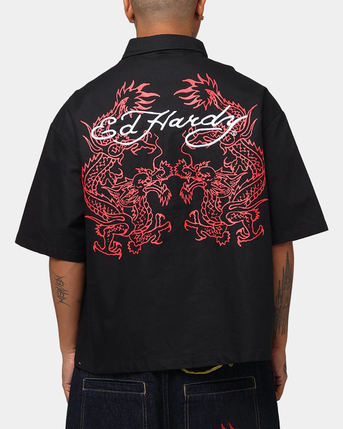 Petite Fit Ed Hardy Dragon Zip Shirt Black
