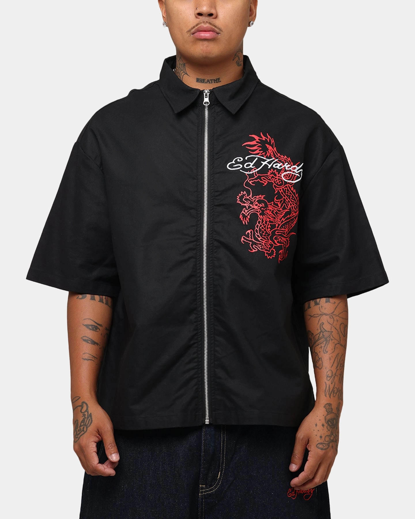 Black Tie Optional Striped Design Ed Hardy Dragon Zip Shirt Black