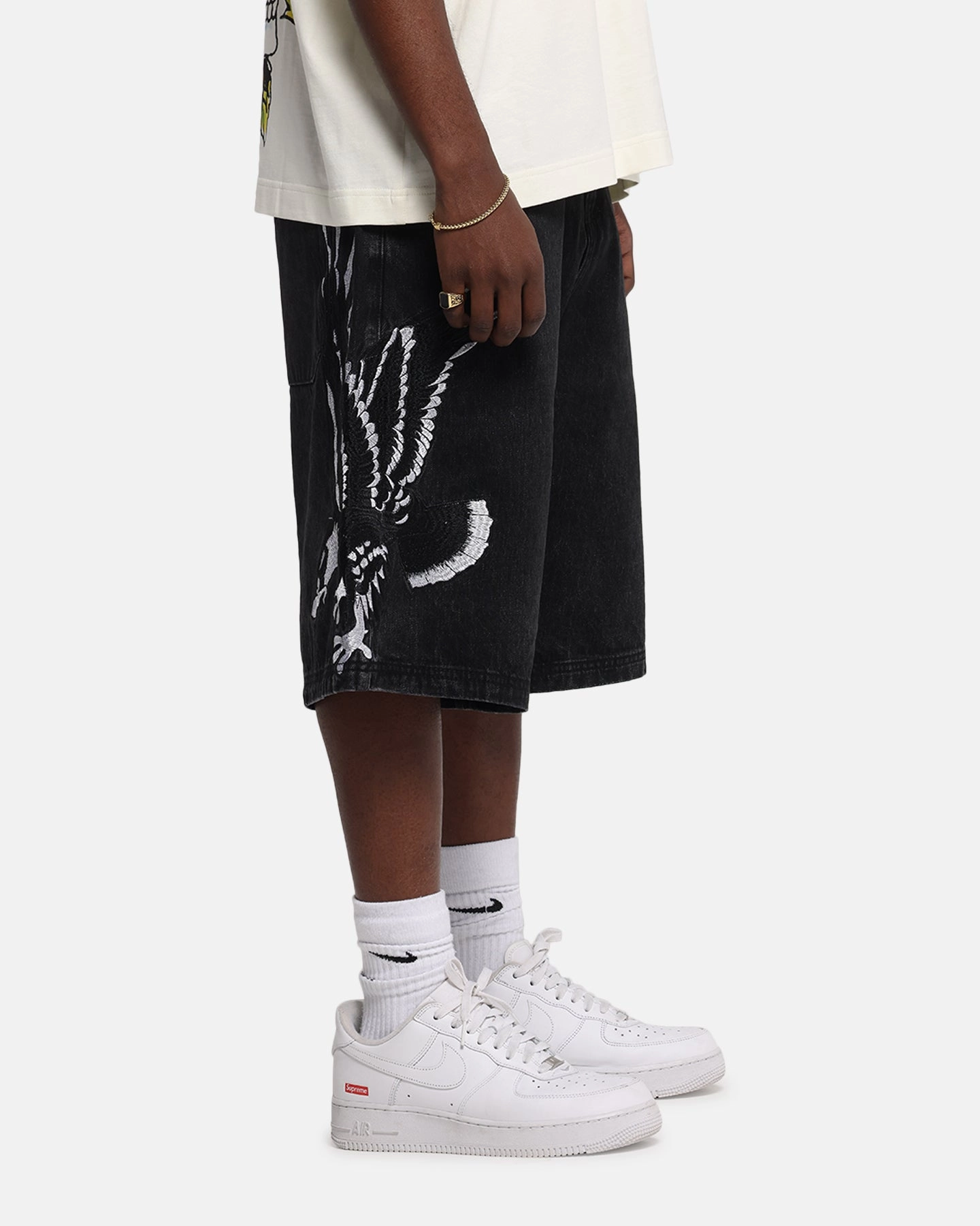 sports industry Durable Waistband Ed Hardy Eagle Jorts Washed Black