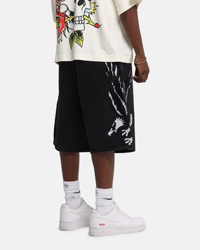 Casual Elegance high - rise Ed Hardy Eagle Jorts Washed Black