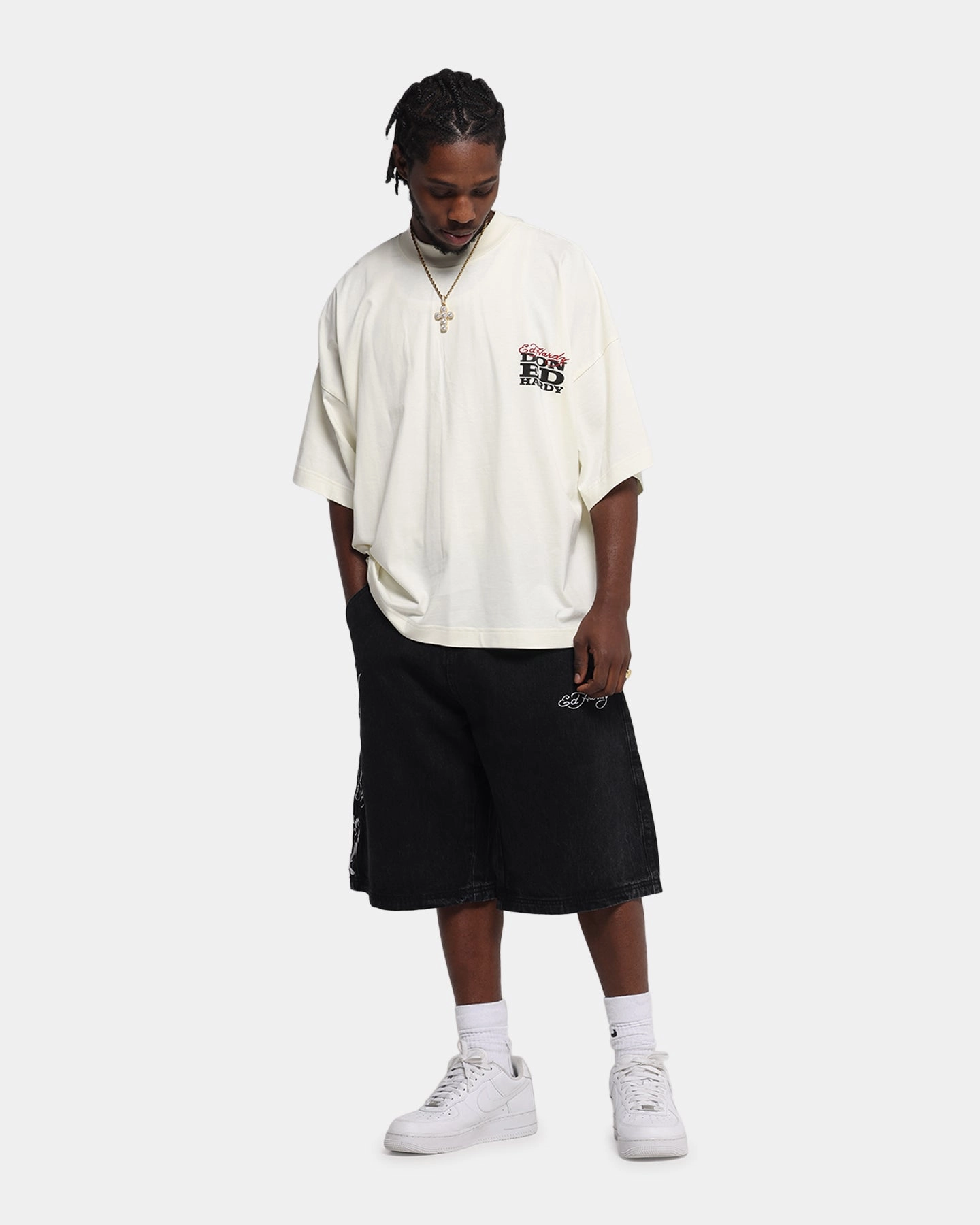 ElasticHem Eco friendly materials Ed Hardy Eagle Jorts Washed Black