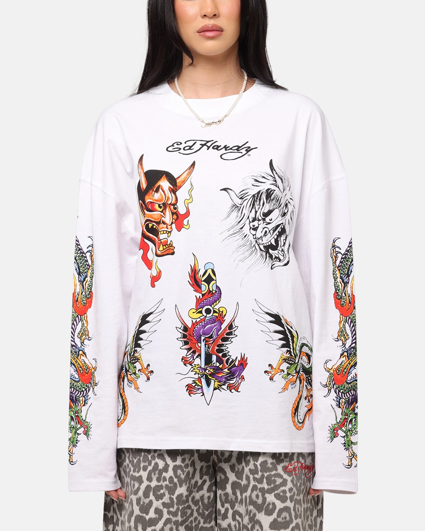 Ed Hardy Ed's Tattooing Long Sleeve T-Shirt Off White safe for skin Lace trim