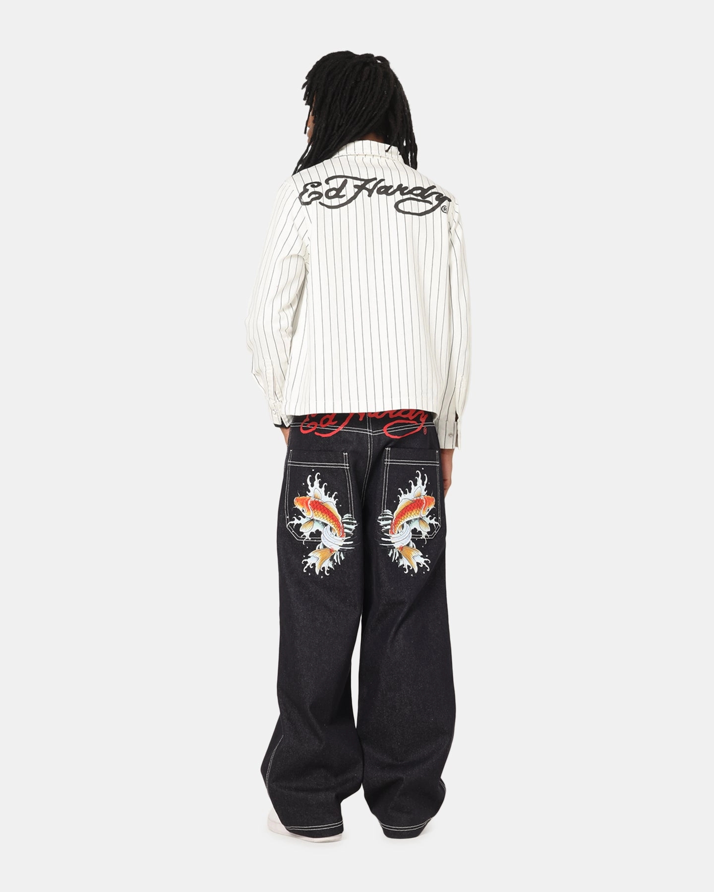 Ed Hardy Euro Button Up Shirt White Pinstripe Fashion Statement Dynamic Design