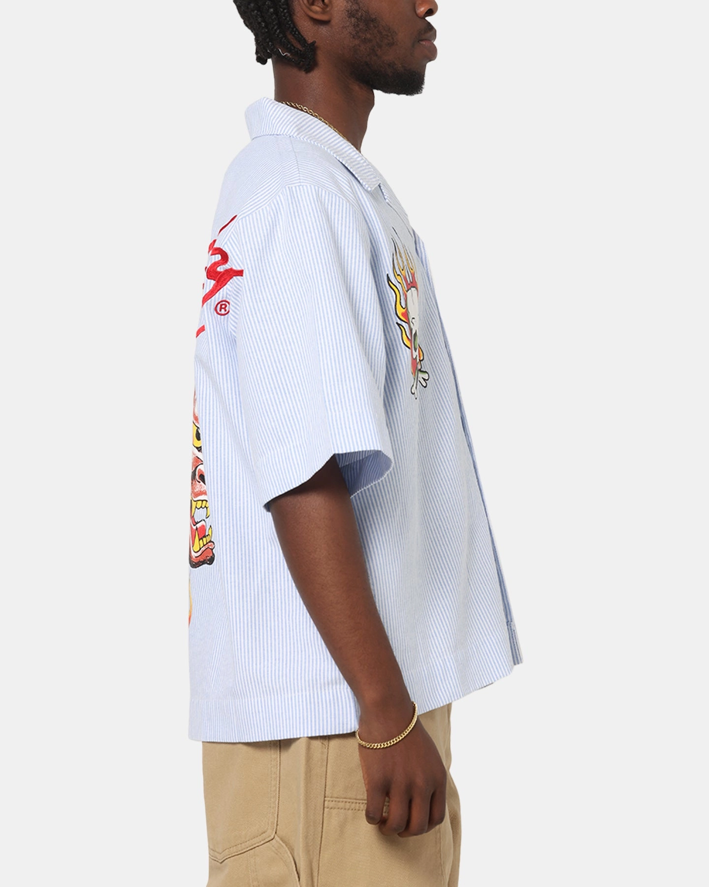 Ed Hardy Flame Stripe Button Up Shirt Blue Pin Stripe Versatile Layering Piece Stretchable Fabric