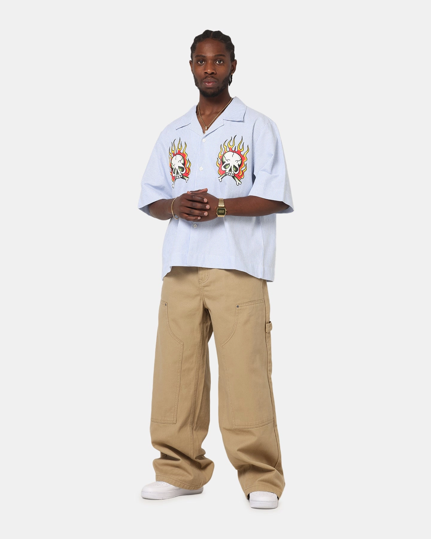 Ed Hardy Flame Stripe Button Up Shirt Blue Pin Stripe Versatile use Raw edge