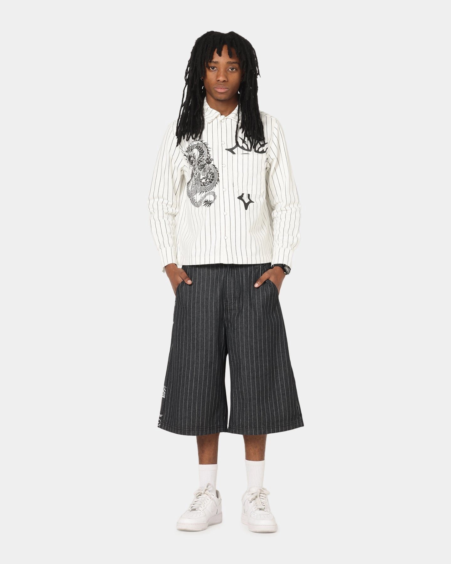 Ed Hardy Shinjuku Jorts Black Pinstripe Organic Cotton Blend