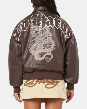 Ed Hardy Shinjuku Leather Jacket Brown Prayer Activewear