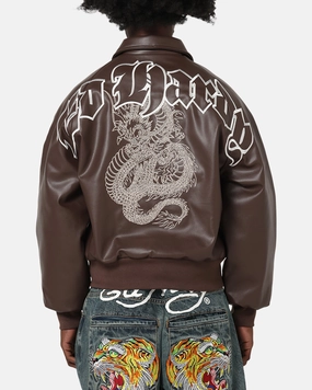Cream Thermal Insulation Ed Hardy Shinjuku Leather Jacket Brown