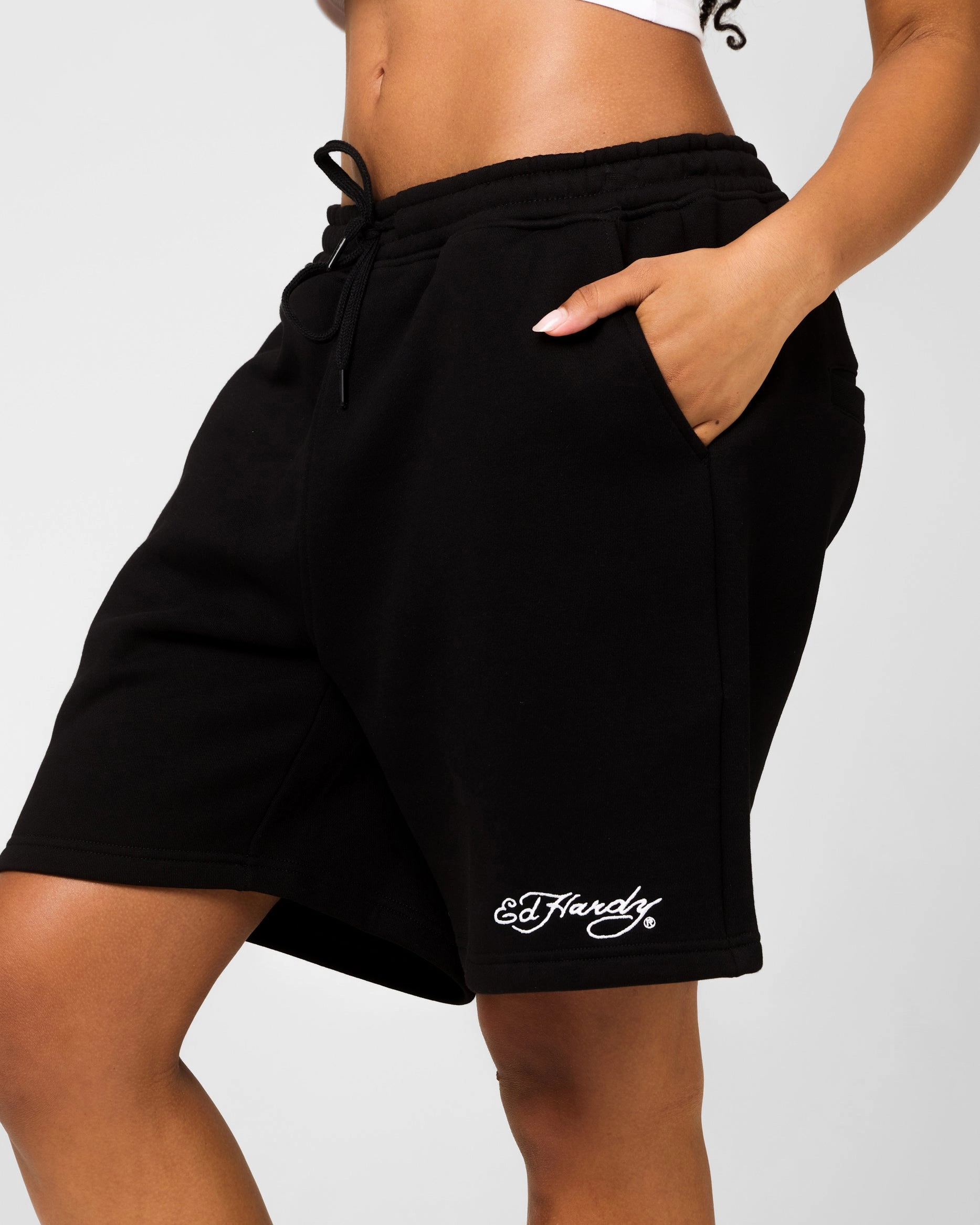 Cargo Pockets Ed Hardy Skull Fleece Shorts Black