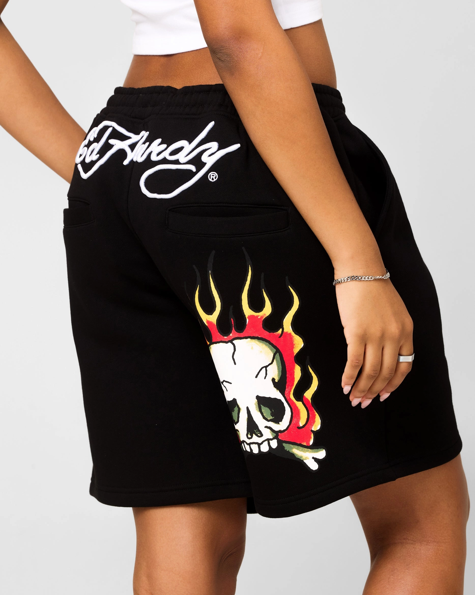 Stretchable Waistband Ed Hardy Skull Fleece Shorts Black