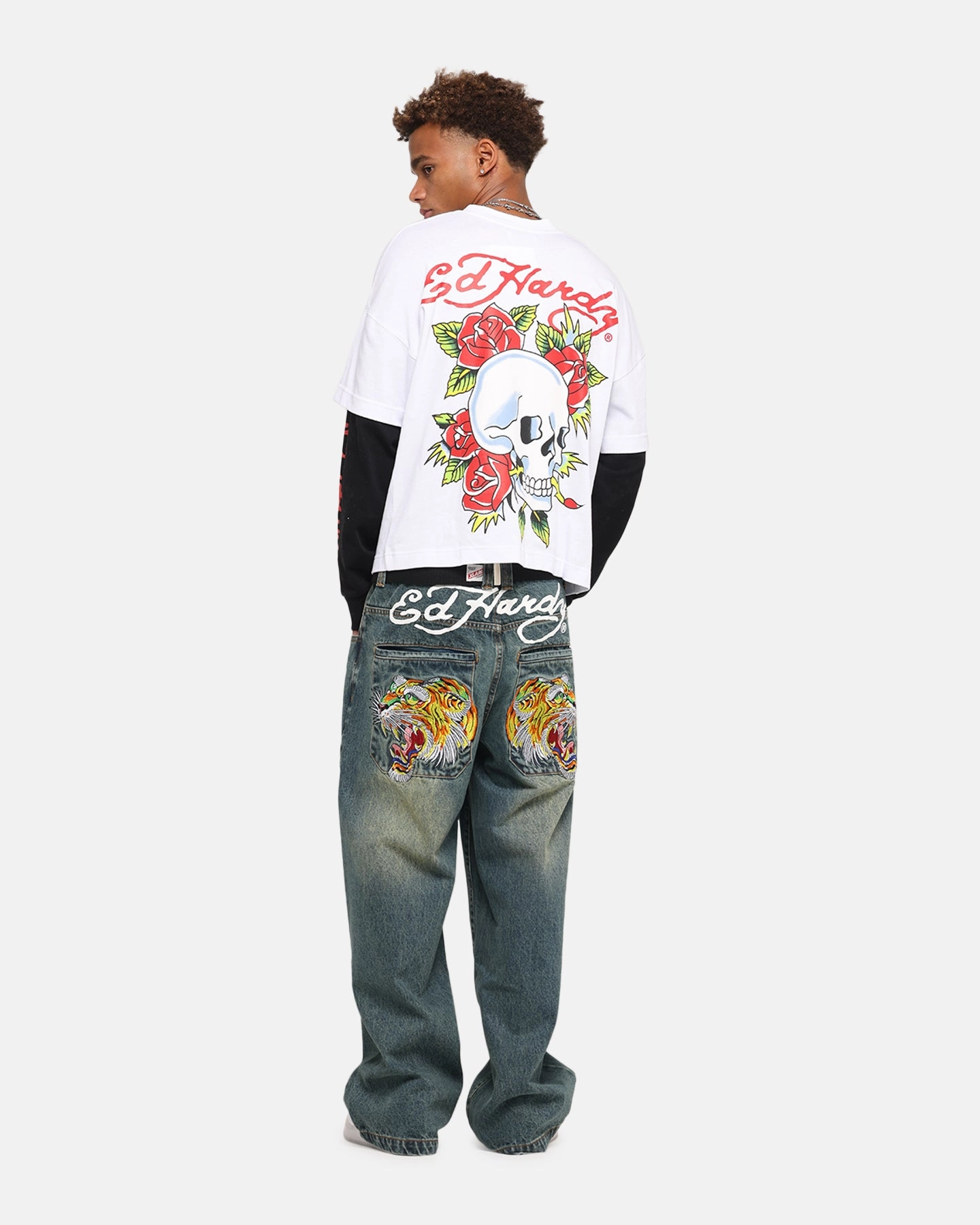 Ed Hardy Skull Layered Long Sleeve T-Shirt White Relaxed Style