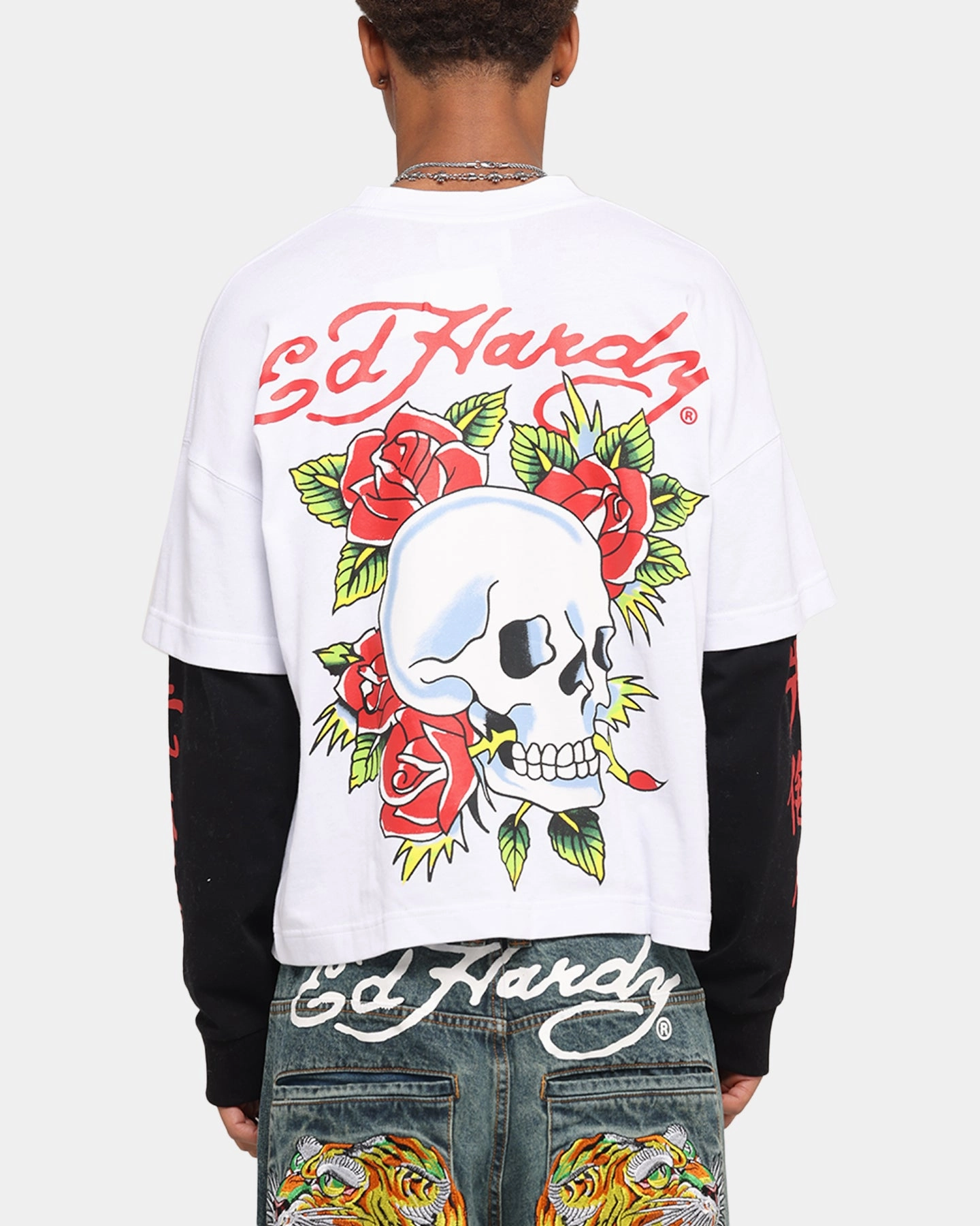 Ed Hardy Skull Layered Long Sleeve T-Shirt White Stretchable Weave Active Style