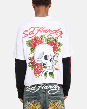 Ed Hardy Skull Layered Long Sleeve T-Shirt White Stretchable Weave Active Style
