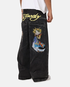 Quick Pack snag resistant Ed Hardy Ultra Wide Leg Denim Jeans Black/Yellow