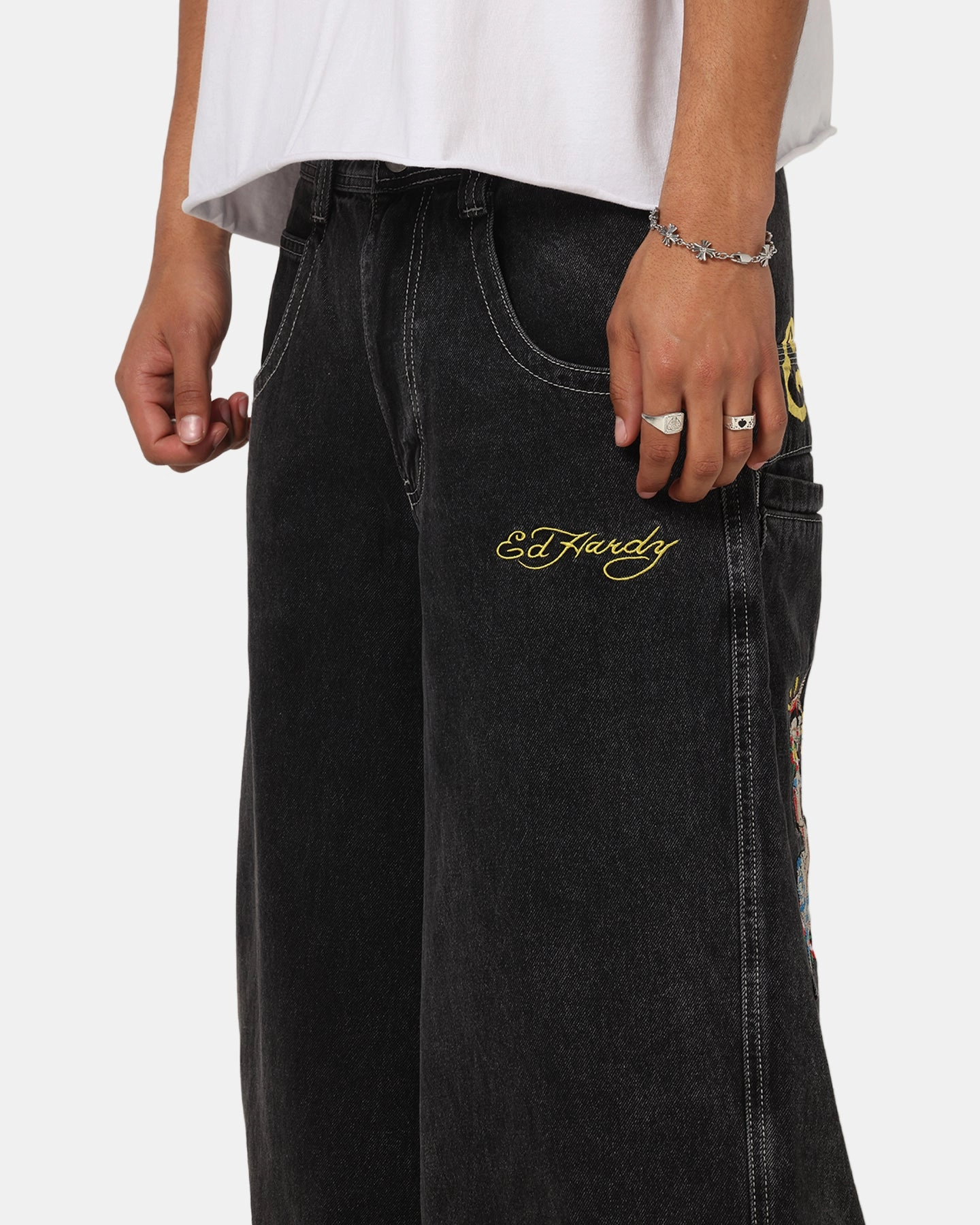 Ed Hardy Ultra Wide Leg Denim Jeans Black/Yellow Casual Vibes Smooth Finish