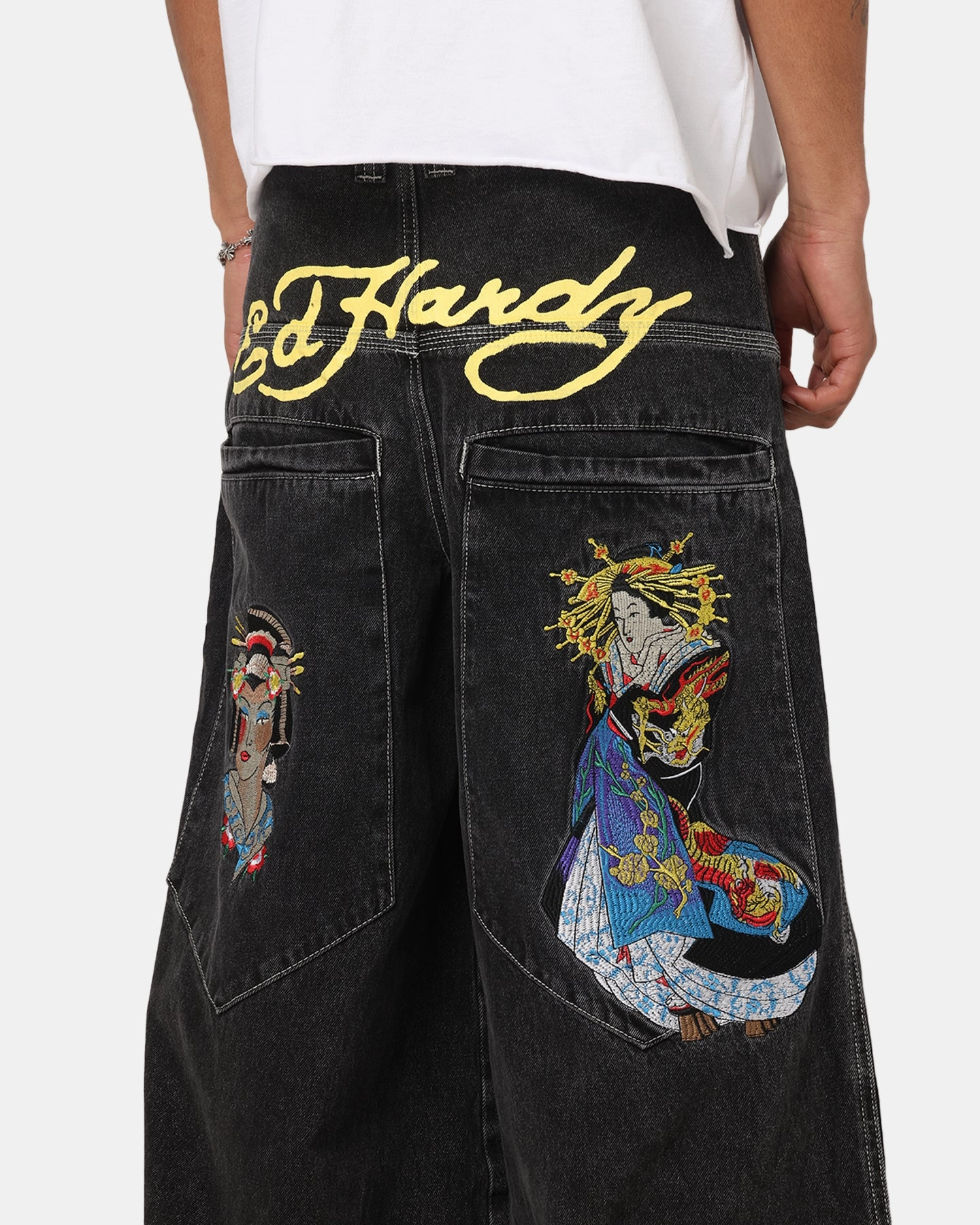 Ed Hardy Ultra Wide Leg Denim Jeans Black/Yellow UltraSoftLining Essential Comfort Wear