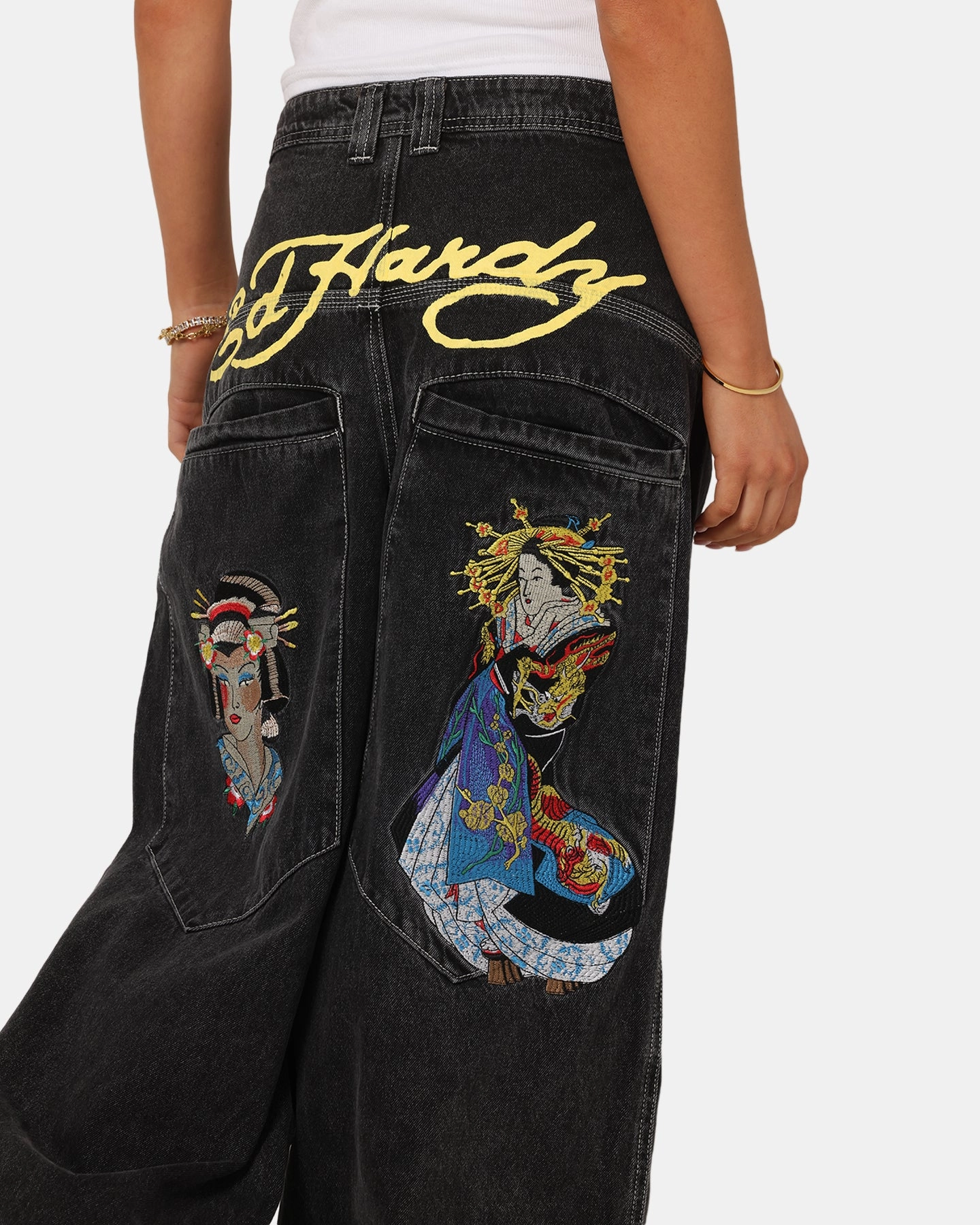 Ed Hardy Ultra Wide Leg Denim Jeans Black/Yellow Lightweight Denim Light material