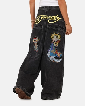 Ed Hardy Ultra Wide Leg Denim Jeans Black/Yellow Festival Outfit Affordable Sunny Vibes