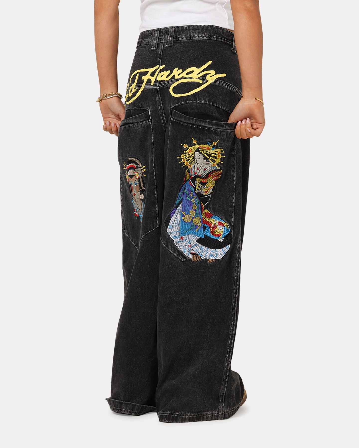 Clean Cut Party Look Modern Minimalist Ed Hardy Ultra Wide Leg Denim Jeans Black/Yellow