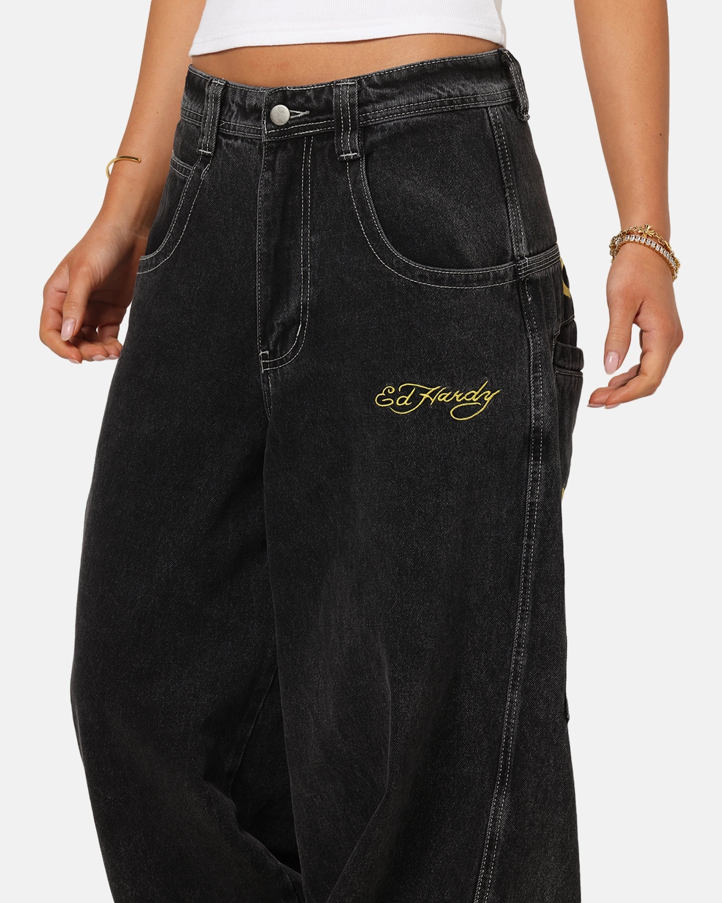 Ed Hardy Ultra Wide Leg Denim Jeans Black/Yellow High Durability Thread