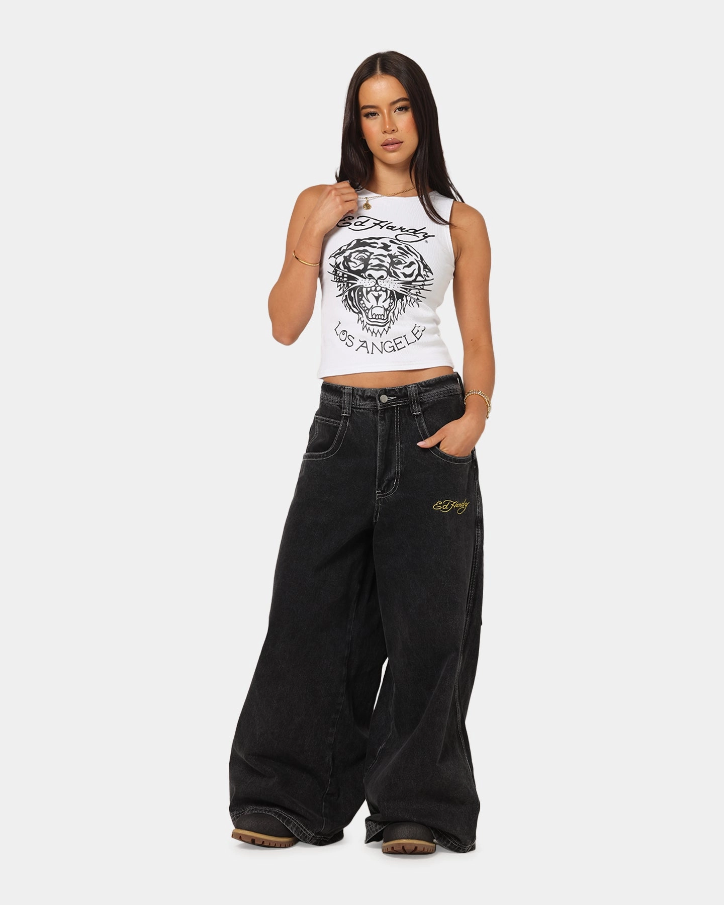 Outfit Essential Smooth Minimalist Ed Hardy Ultra Wide Leg Denim Jeans Black/Yellow