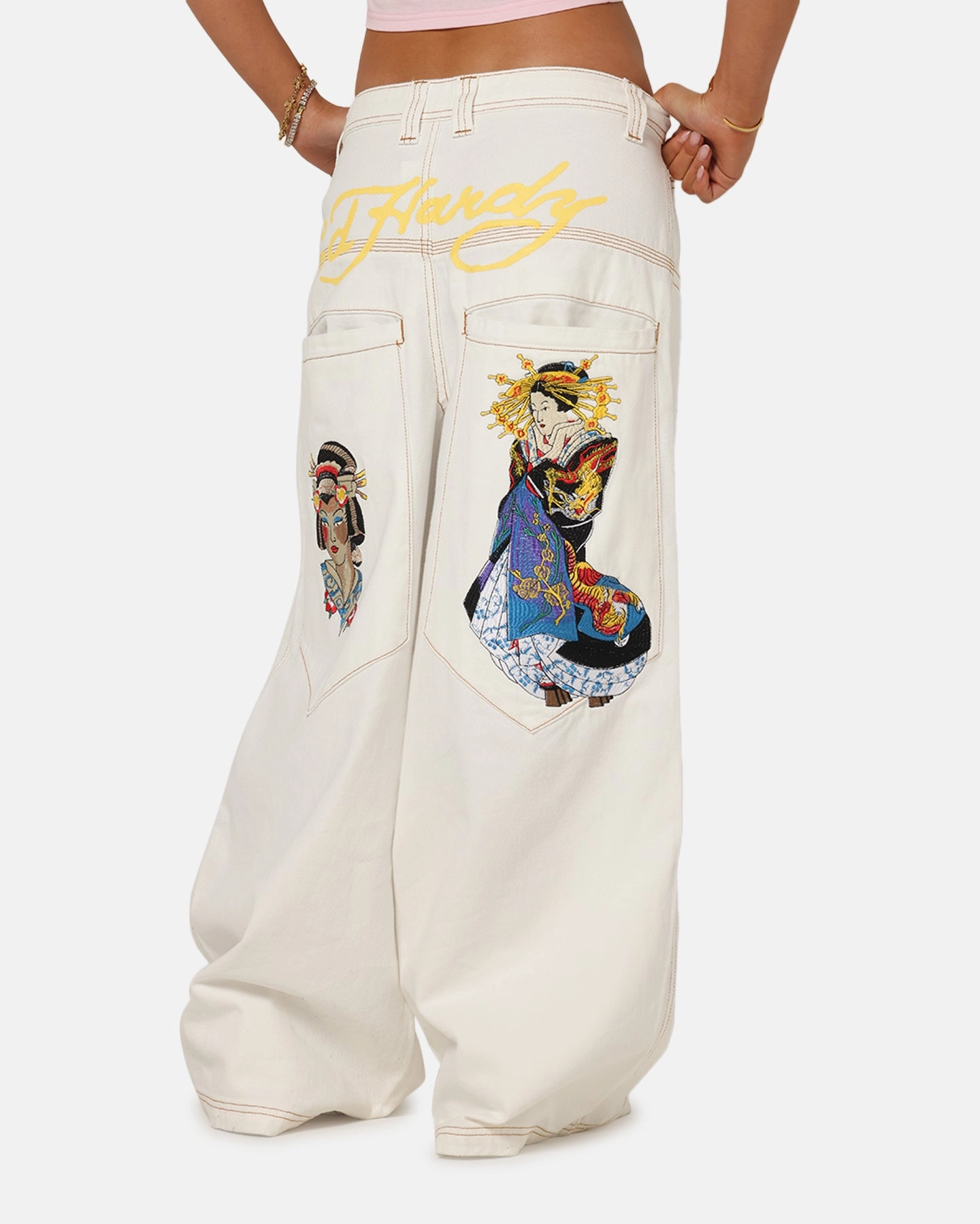 Ed Hardy Ultra Wide Leg Denim Jeans Off White/Yellow Quality Wear