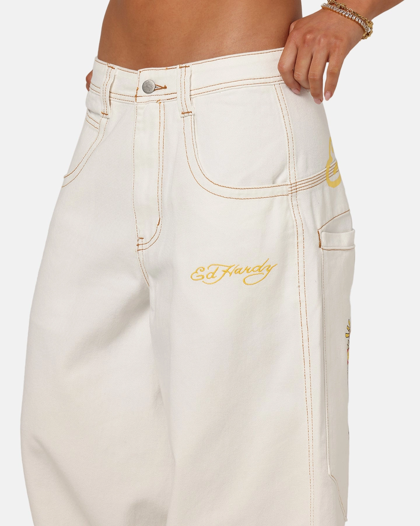 Ed Hardy Ultra Wide Leg Denim Jeans Off White/Yellow Outfit Routine