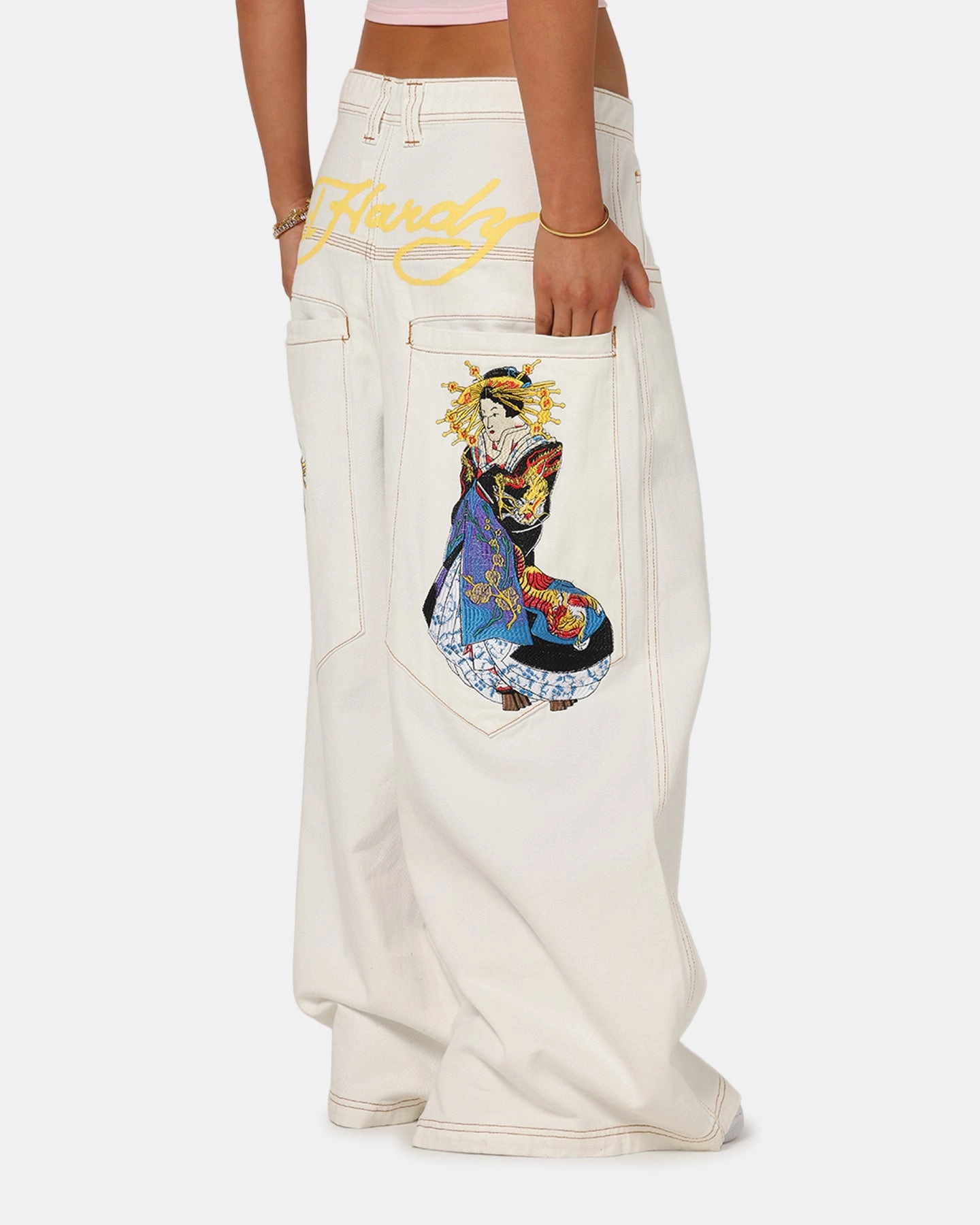 Go To Outfit Ed Hardy Ultra Wide Leg Denim Jeans Off White/Yellow