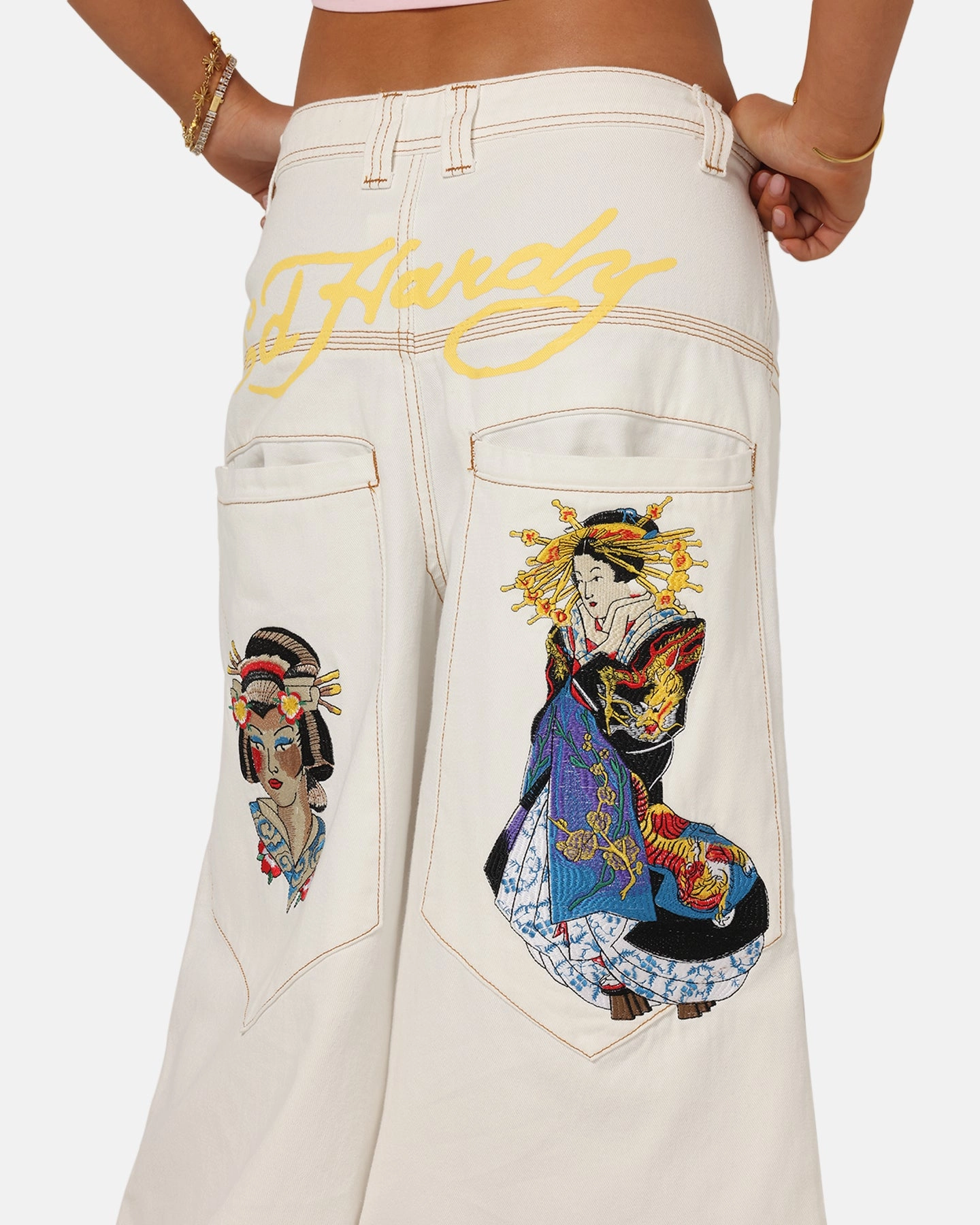 Everyday Fashion Lover Organic Cotton Ed Hardy Ultra Wide Leg Denim Jeans Off White/Yellow