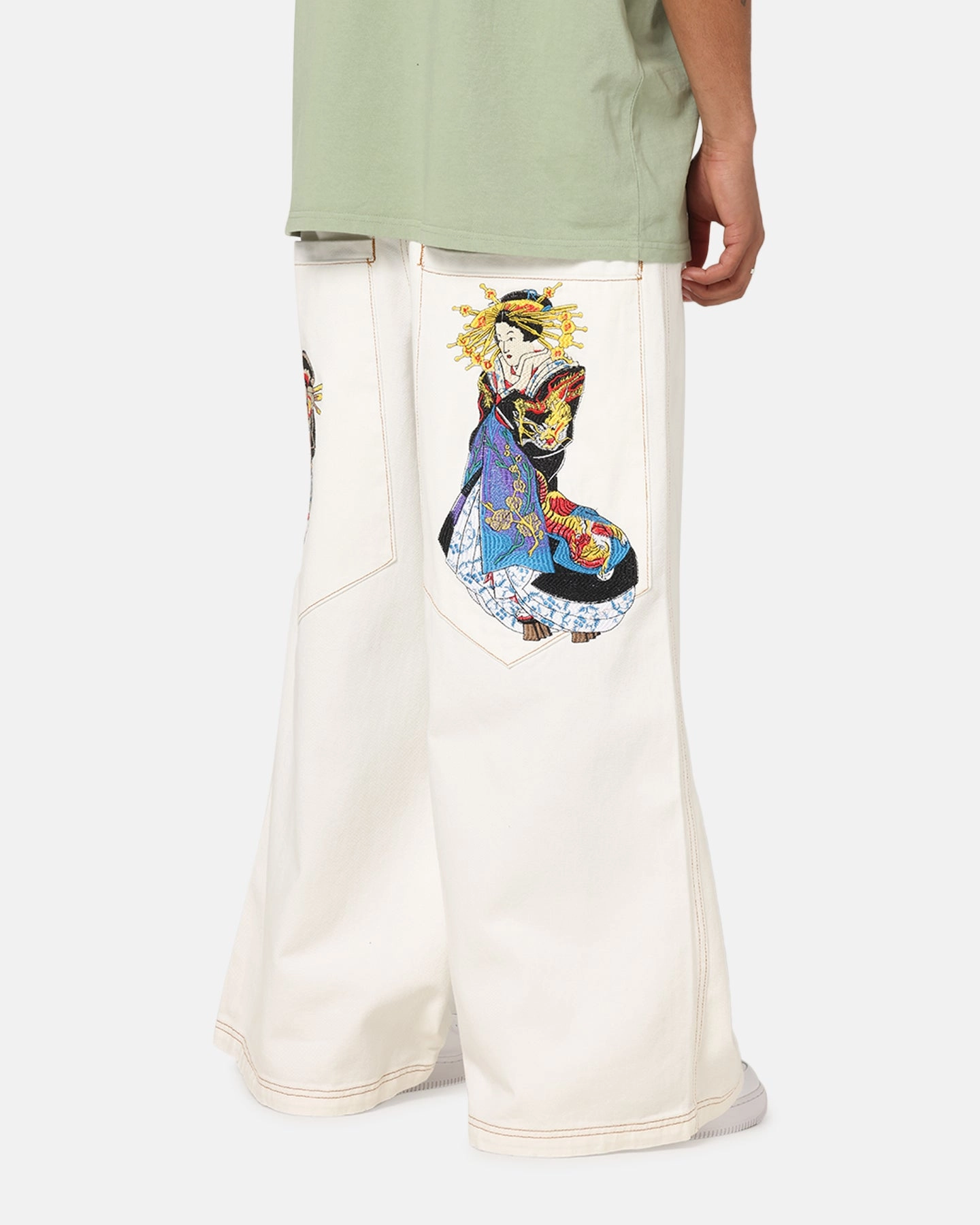 Ed Hardy Ultra Wide Leg Denim Jeans Off White/Yellow All Day Wear Stay Flexible