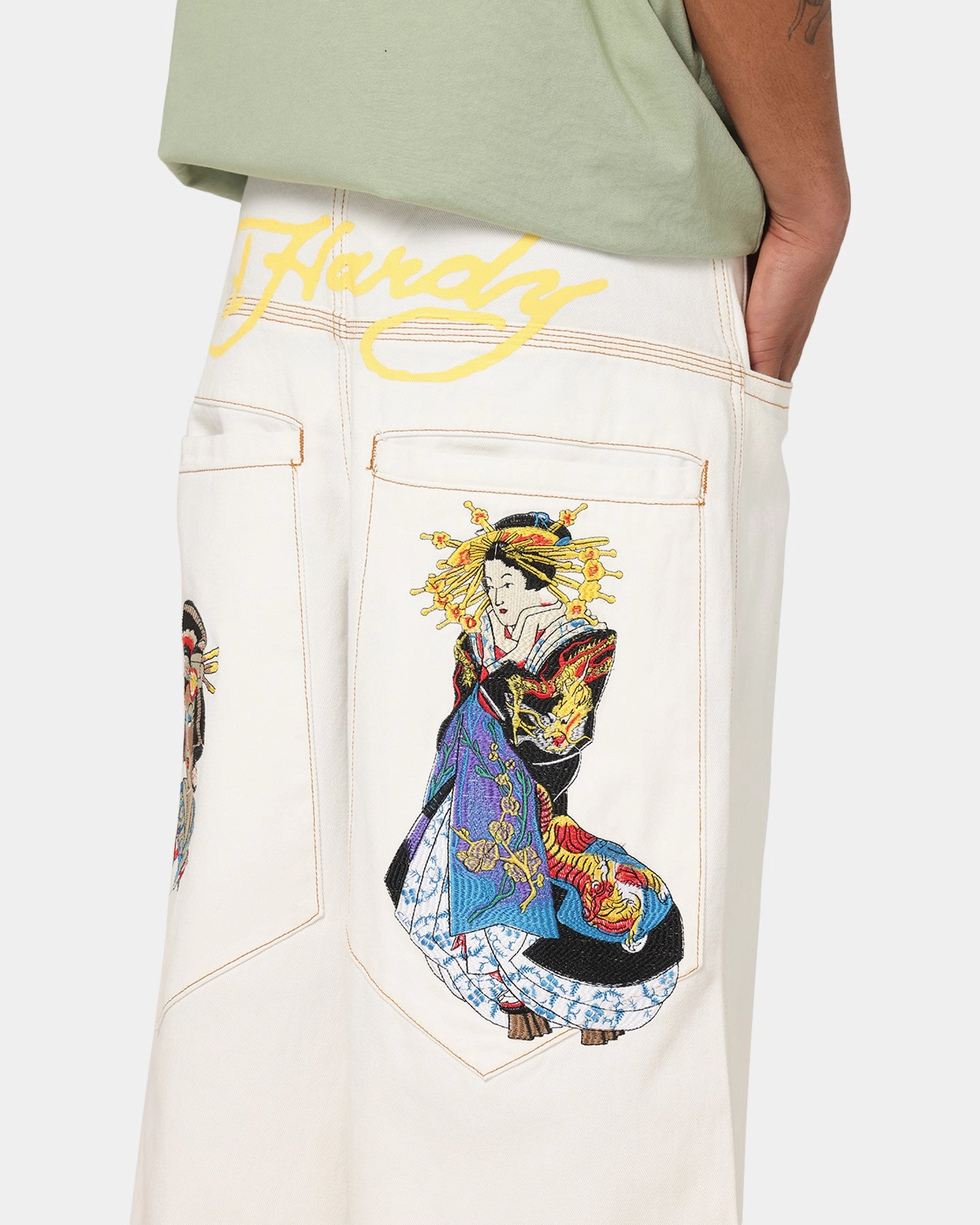 Ed Hardy Ultra Wide Leg Denim Jeans Off White/Yellow Trendy Waist