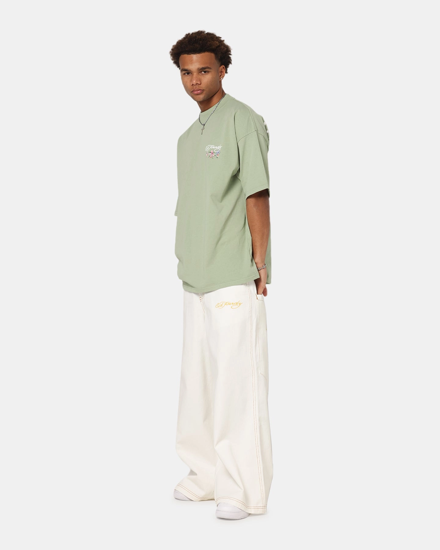 Ed Hardy Ultra Wide Leg Denim Jeans Off White/Yellow Active Wear