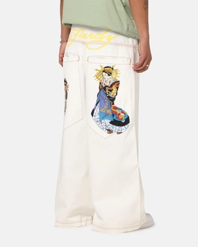 Relaxed Comfort Fit Ed Hardy Ultra Wide Leg Denim Jeans Off White/Yellow