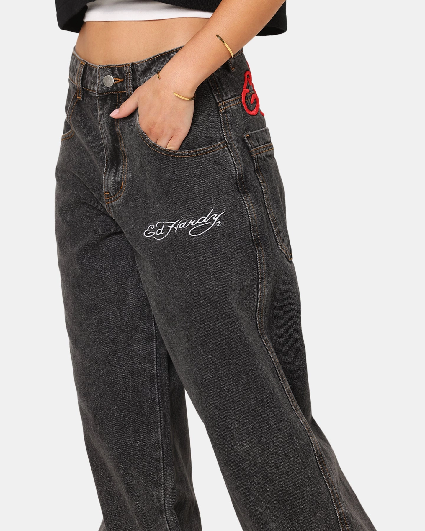 Streetwear Fan Evening Stroll Elegant Active Ready Ed Hardy Wide Leg Jeans Black