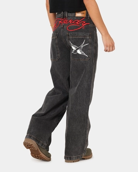 Stylish Casual Evening Stroll Mood Fit Ed Hardy Wide Leg Jeans Black