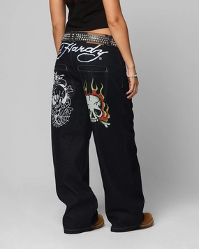 Ed Hardy Wide Leg Skull Jeans Dark Indigo Function Fit Tapered leg