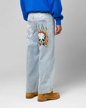 Ed Hardy Wide Leg Skull Jeans Light Blue HiddenPockets