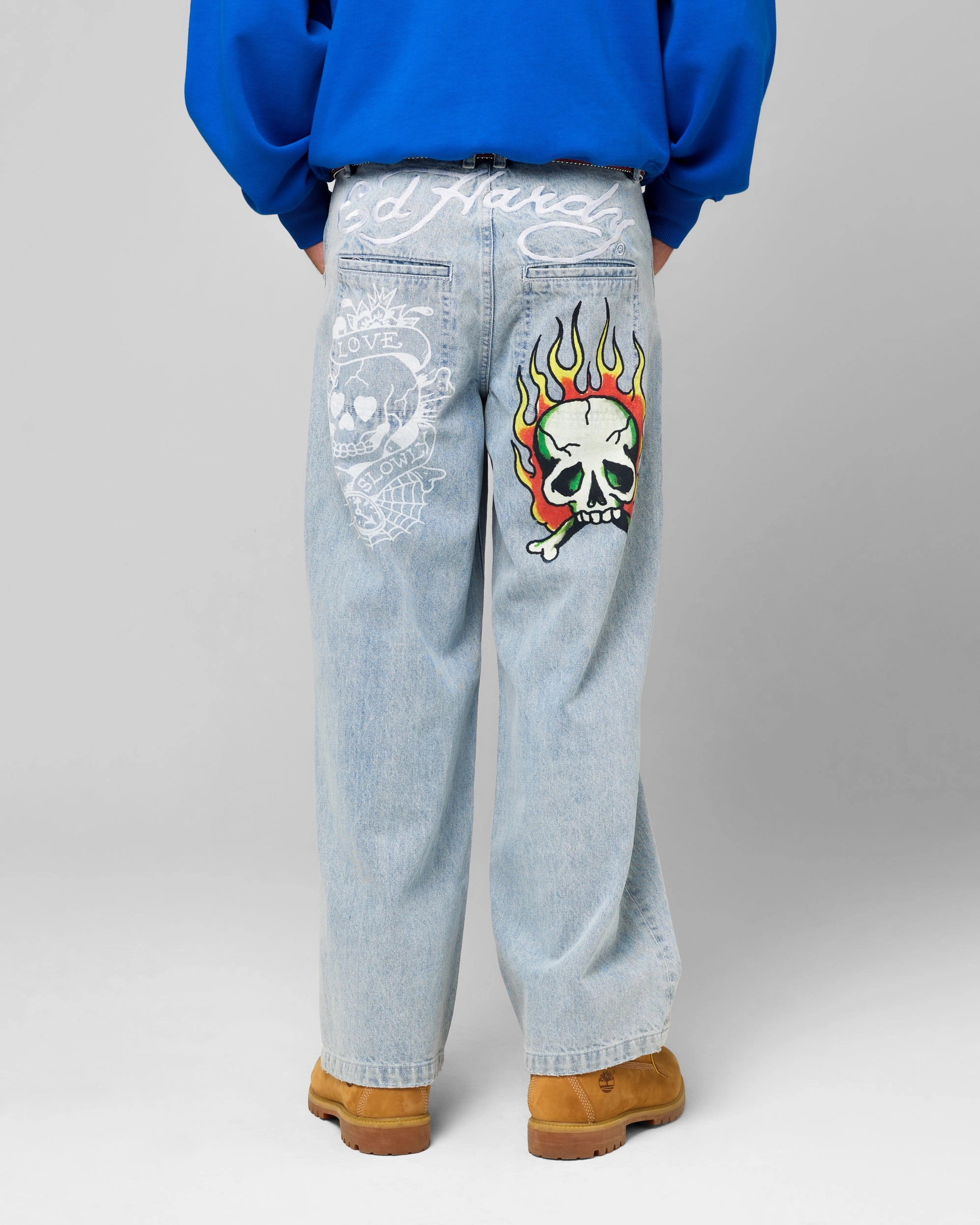 Basic Style Ed Hardy Wide Leg Skull Jeans Light Blue
