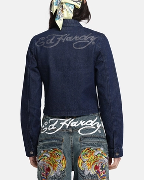 waiters Fast Wear Ed Hardy Women's Cropped Denim Biker Jacket Indigo Denim
