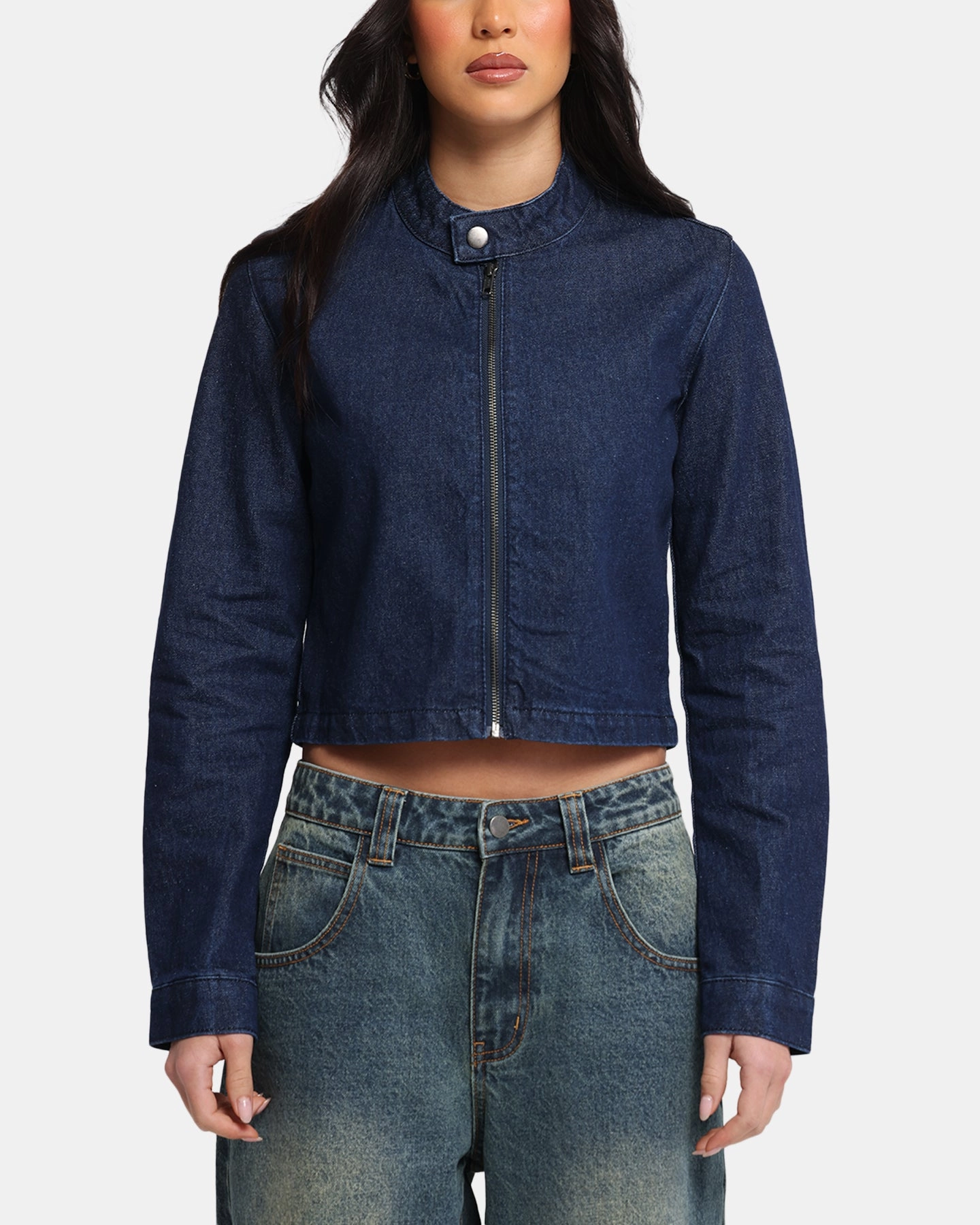 Taped Edges Ed Hardy Women's Cropped Denim Biker Jacket Indigo Denim