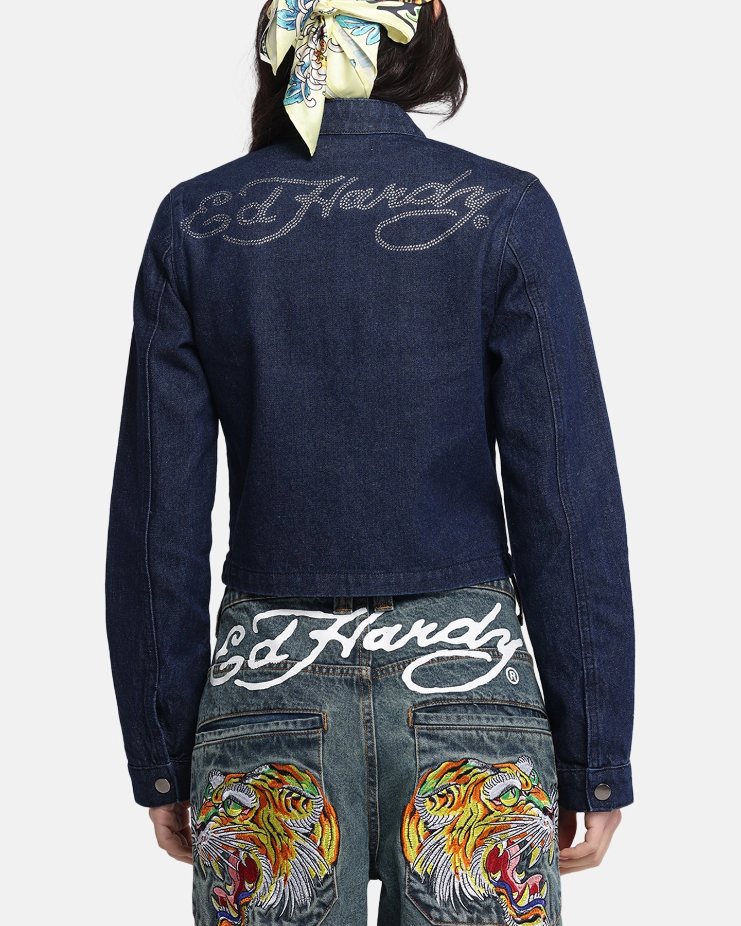 waiters Fast Wear Ed Hardy Women's Cropped Denim Biker Jacket Indigo Denim