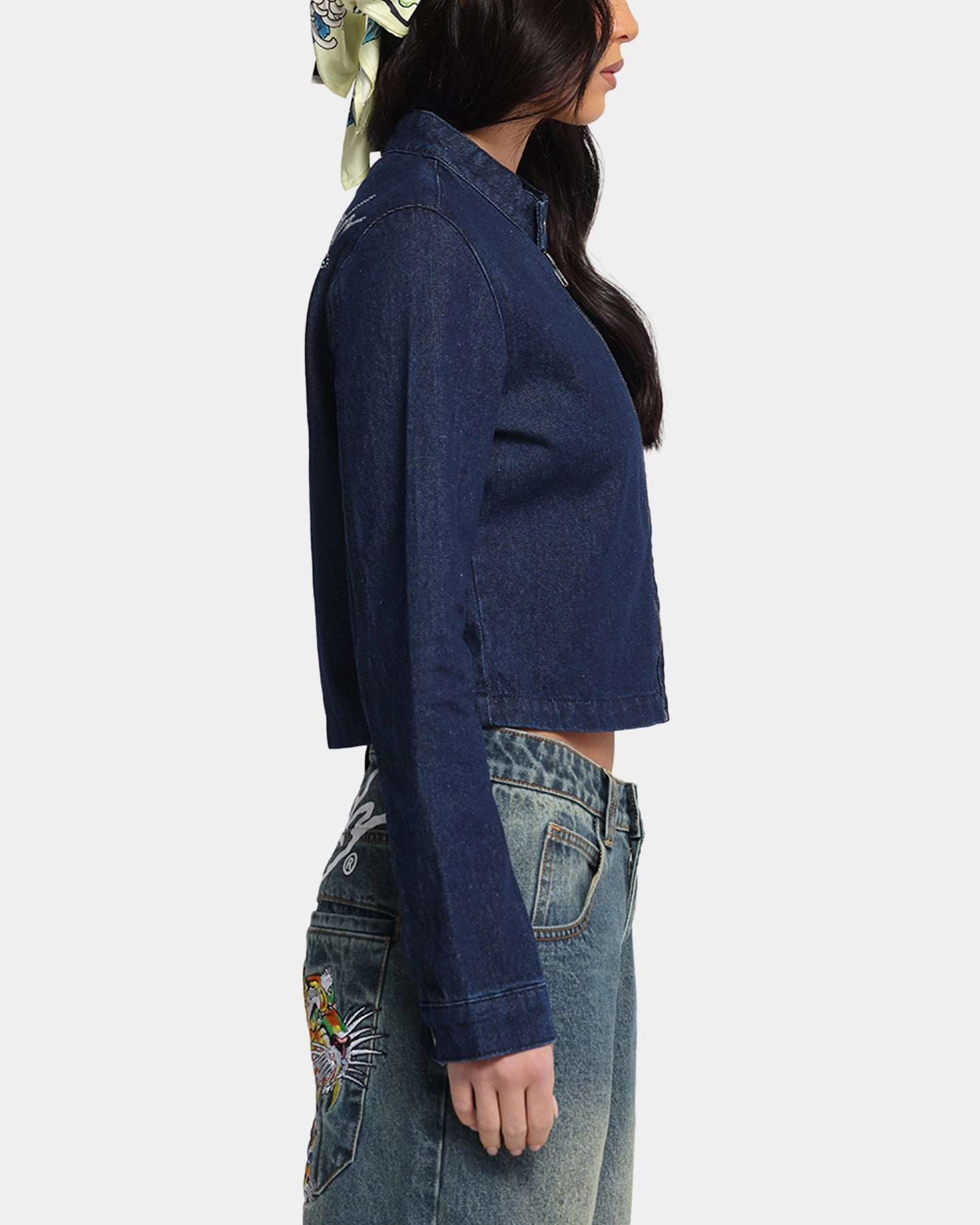 High-Tech Protection Ed Hardy Women's Cropped Denim Biker Jacket Indigo Denim