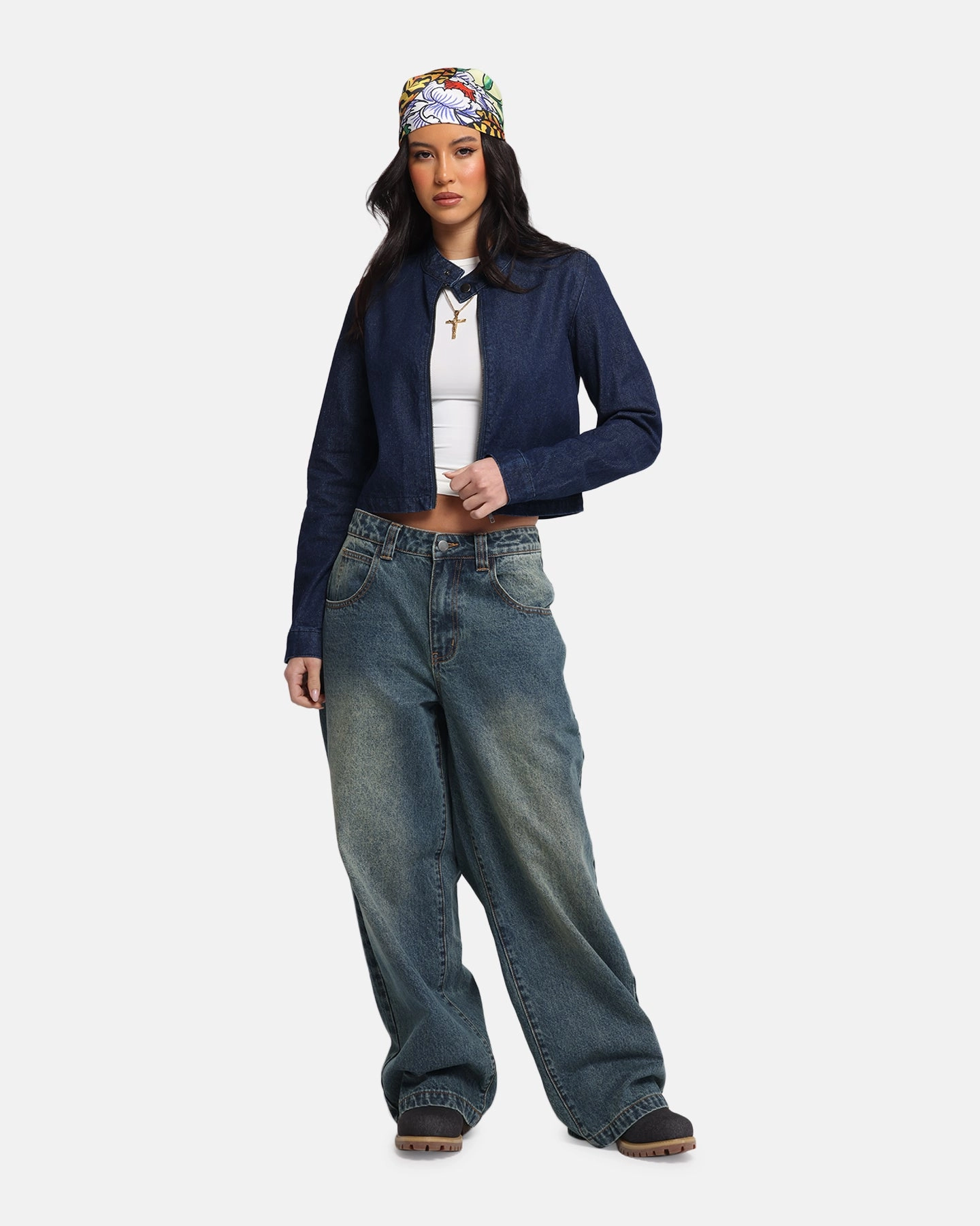 Aid Ed Hardy Women's Cropped Denim Biker Jacket Indigo Denim