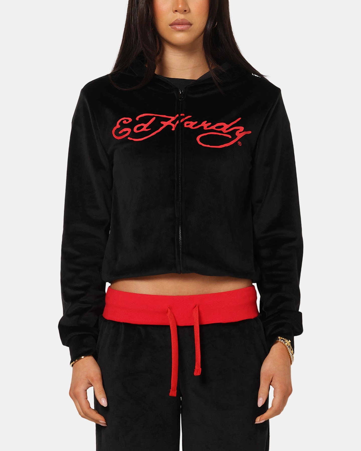 Office Ed Hardy Women's Cropped Hoodie Black/Red